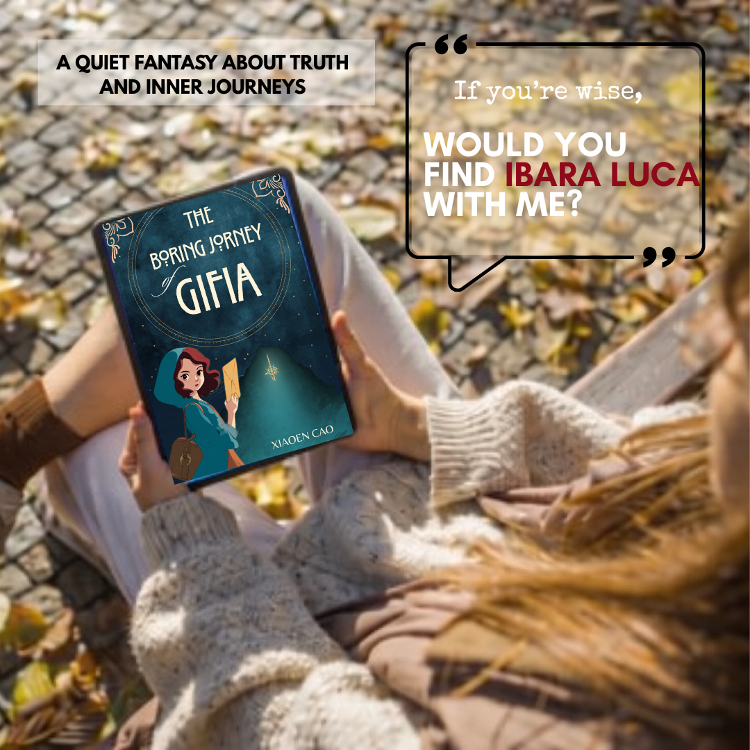 A reader holding The Boring Journey of Gifia by Xiaoen Cao among autumn leaves